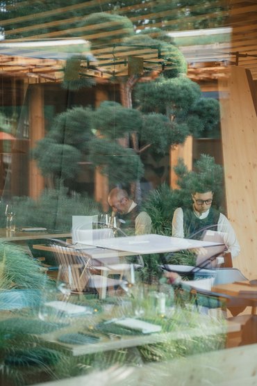 Sensoria Soulmates – Creiamo ricordi felici. Due uomini seduti in un ristorante, riflessi tramite vetro con piante.