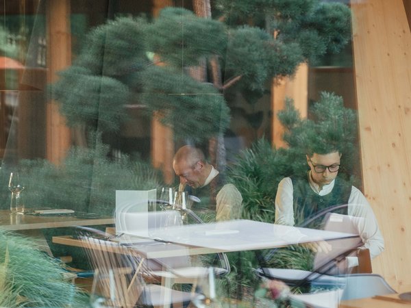 Sensoria Soulmates – Creating Memories of Bliss Two men sitting in a restaurant, reflected through glass with plants.